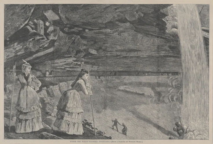 Under the Falls, Catskill Mountains From a Painting by Winslow Homer: wood engraving by Winslow Homer, 1872.