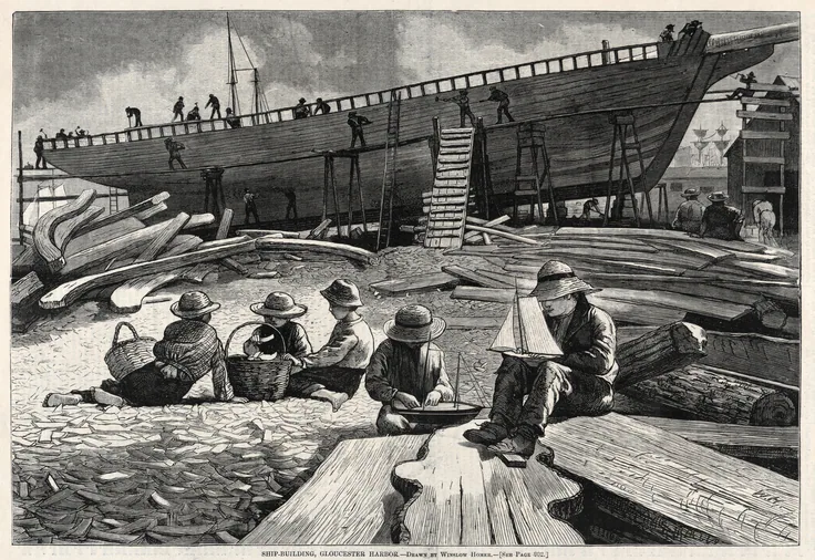 Ship-Building, Gloucester Harbor: wood engraving by Winslow Homer, 1873.