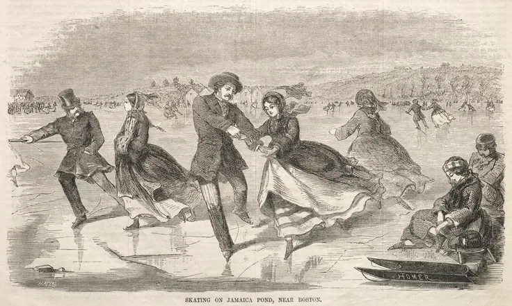 Skating on Jamaica Pond, near Boston: wood engraving by Winslow Homer, 1859.