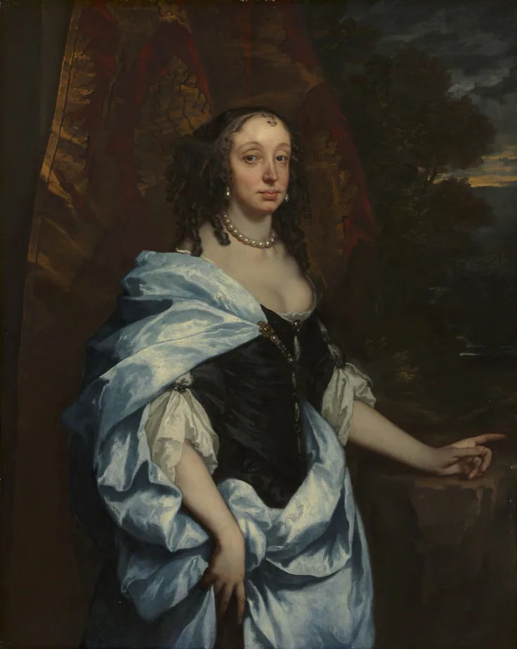 A woman with pearls in a gleaming blue satin gown and black bodice before a red curtain and dark landscape.