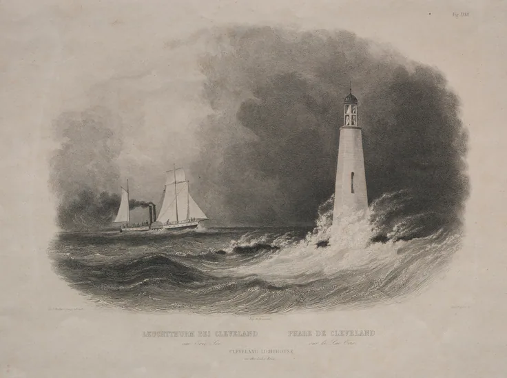 Lighthouse in Cleveland, Ohio, on Lake Erie: engraving by Pierre Eugène I Aubert, c. 1839–41.