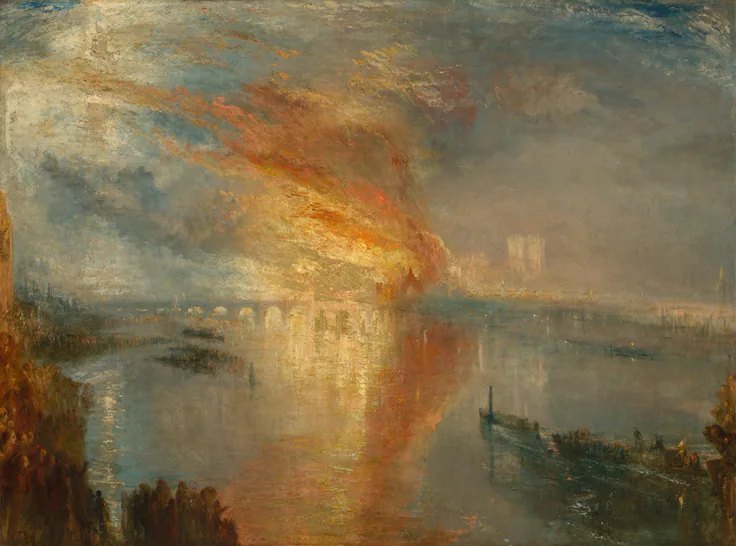 A blaze of orange and gold fire lights the Thames at night, its reflection melting into the river; crowds and boats in the gloom.