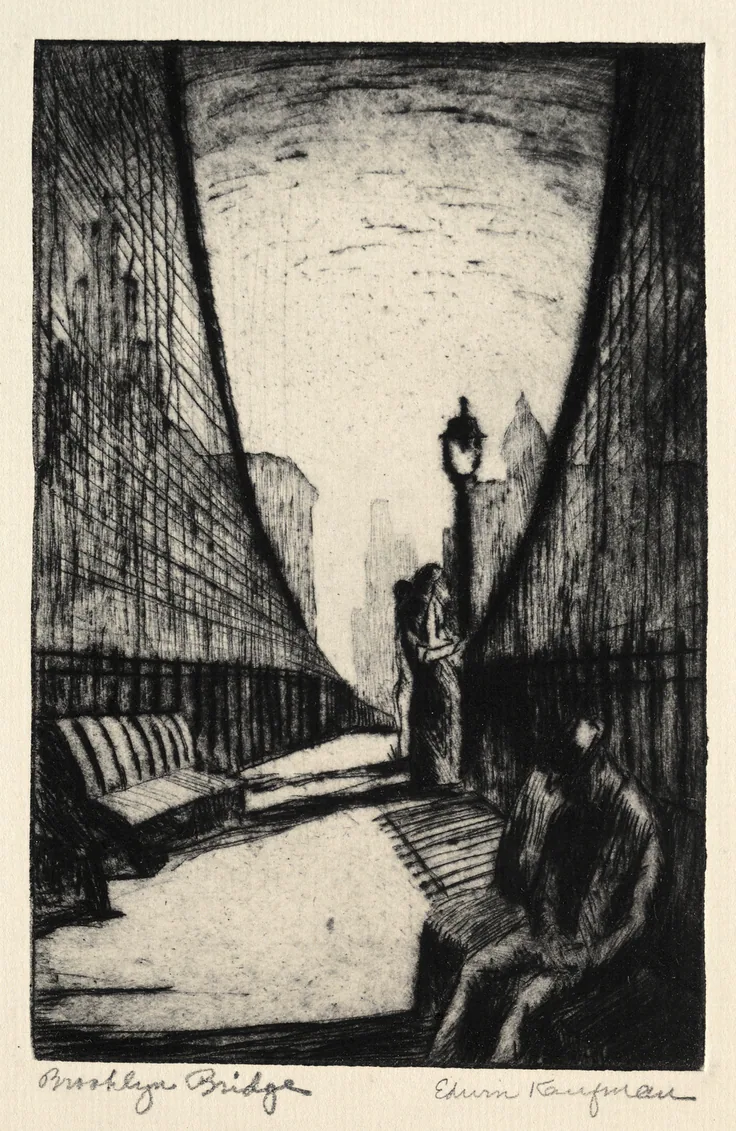 Brooklyn Bridge, New York: drypoint by Edwin Kaufman, 1927.