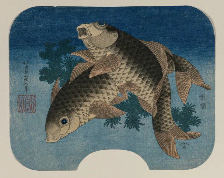 Two large scaly carp twist through dark green water weeds on a blue ground; printed as a fan design with a rounded edge.