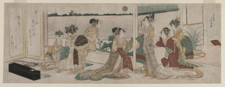 Tsukasa and Other Courtesans of the Ogiya Watching the Autumn Moon Rise Over Rice Fields from a Balcony in the Yoshiwara: surimono; color woodblock print by Katsushika Hokusai, 1799.