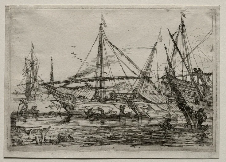 A Mediterranean Harbor: etching by Adrian van der Cabel, 2nd half 1600s.