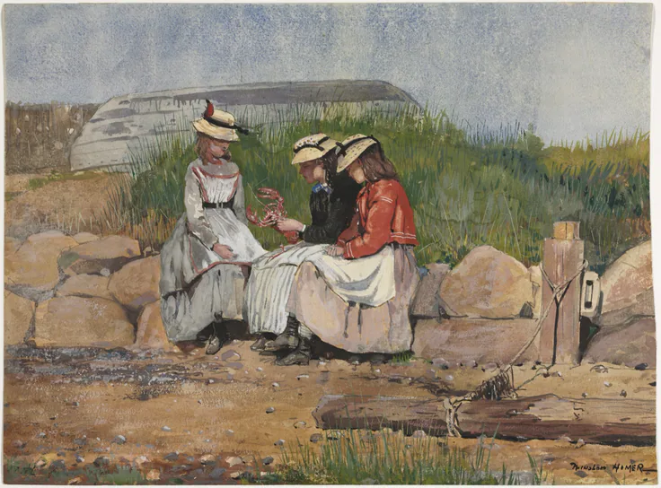 Three girls in straw hats sit on a stone wall by an upturned boat, heads together over something in their hands; sunny watercolor.