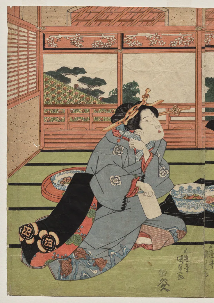 A courtesan in a grey patterned kimono kneels by an open screen with a view of pines, teacups and a dish nearby.