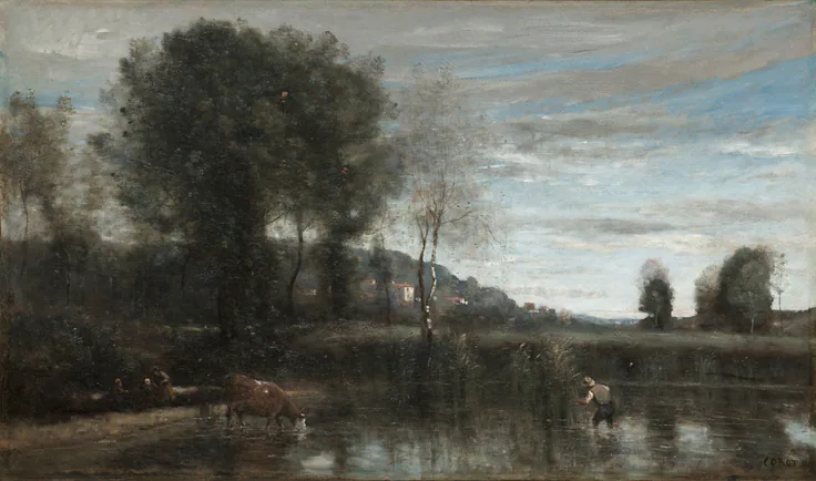 Pond at Ville-d'Avray: oil on fabric by Jean Baptiste Camille Corot, late 1860s.