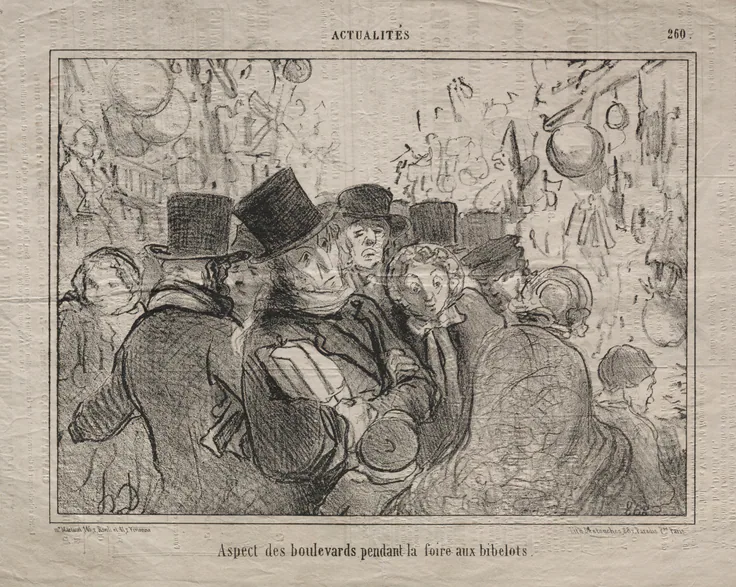 View of boulevards during a market for trinkets: lithograph by Honoré Daumier, 1856.