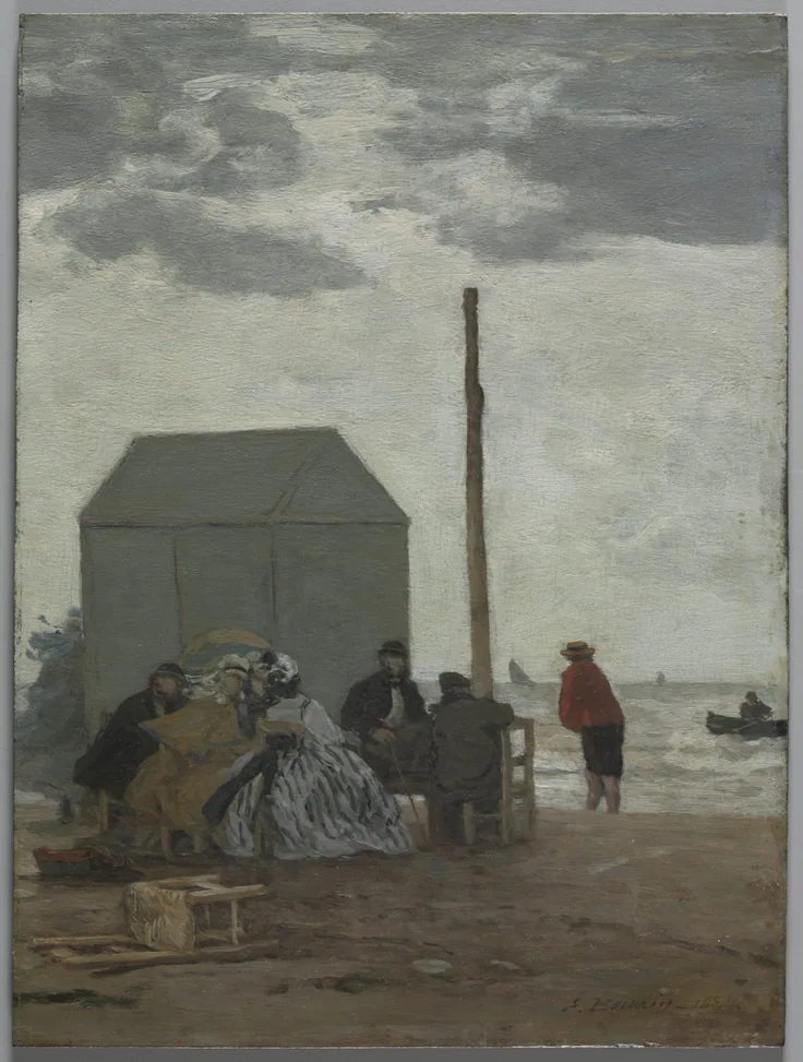 Figures in crinolines and dark coats sit by a grey bathing hut on a windy beach; overcast sky and choppy surf.