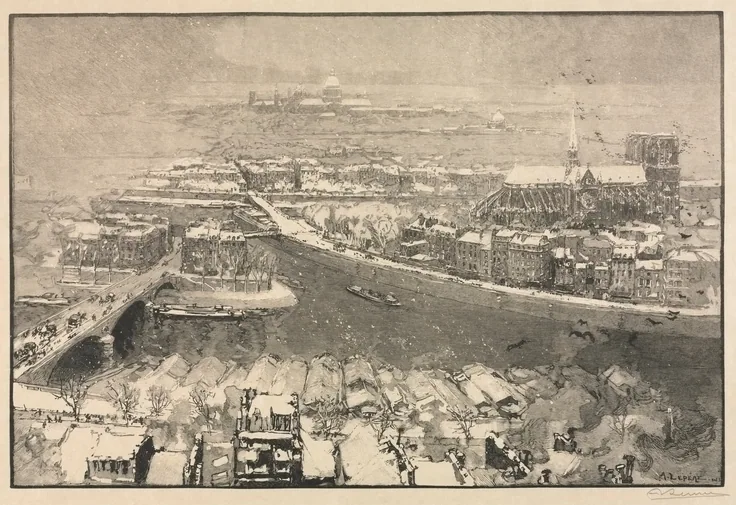 Paris under Snow: wood engraving by Auguste Louis Lepère, 1890.