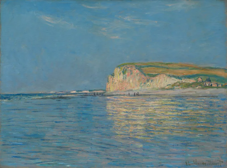 A pale cliff glows above a calm blue sea at low tide; shimmering reflections and a clear sky in short, bright strokes.