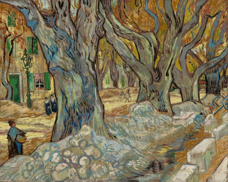 Huge twisting plane trees with yellow leaves over a street being repaved; workers, piled stones and shuttered houses in thick lilac, ochre and teal.