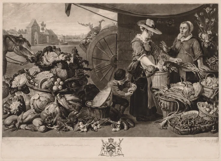 Market women sell cabbages, asparagus and baskets of produce from a cart stall; rich black-and-white mezzotint with a printed caption and crest.