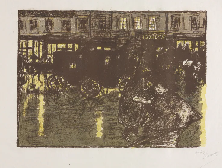 Carriages and figures in silhouette along a rainy boulevard, lit windows streaking yellow onto the wet pavement.