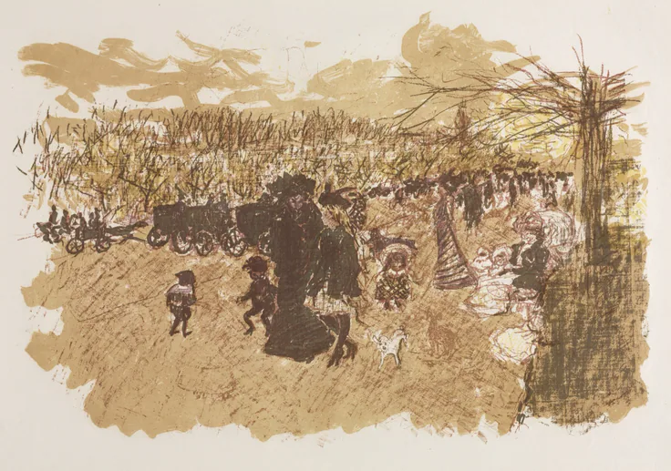 Carriages and elegant strollers in black silhouette along a tree-lined avenue, washed in tan and ochre.