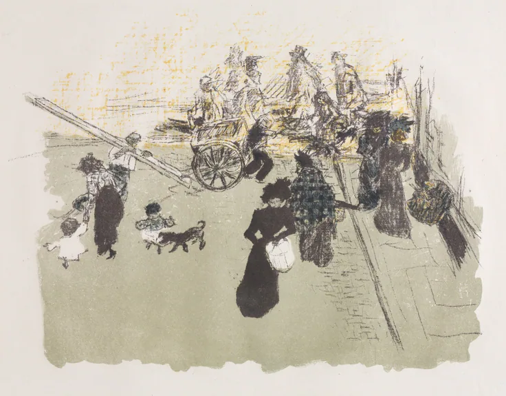 A woman with a basket, children and a dog cross a street corner as a carriage passes, sketched in black over pale green and yellow.