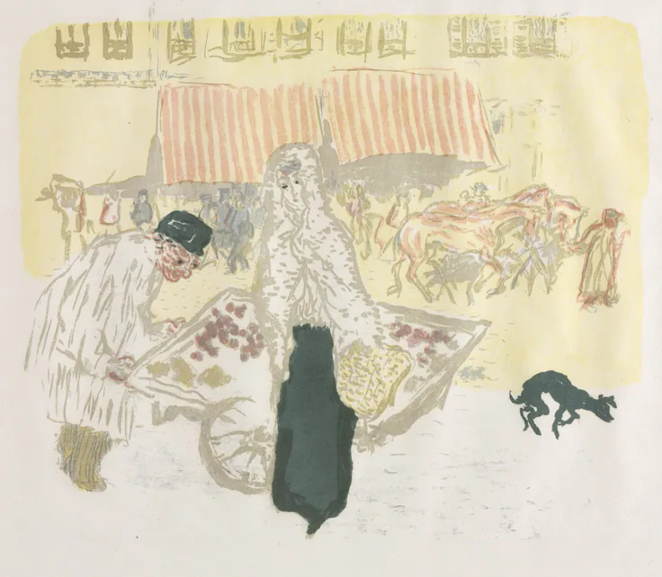 A street vendor pushes a cart of produce past a woman in a dark coat and a black dog, under a striped awning; pale yellow wash.