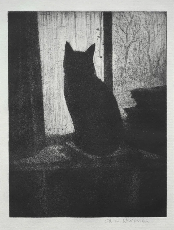 A black cat sits in silhouette on a windowsill, looking out at bare winter trees past a curtain; velvety aquatint blacks.