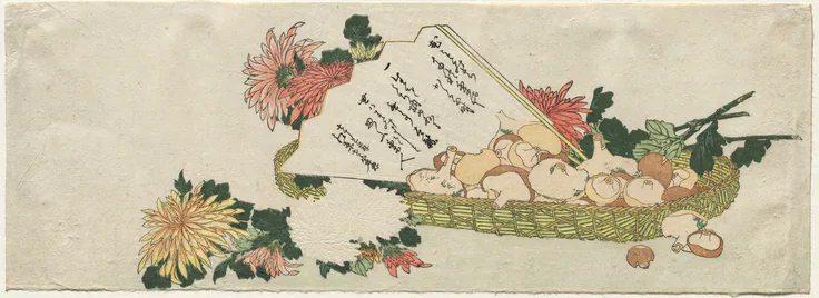 Basket with Fan, Chrysanthemums, and Mushrooms: color woodblock print by Katsushika Hokusai, early 1800s.