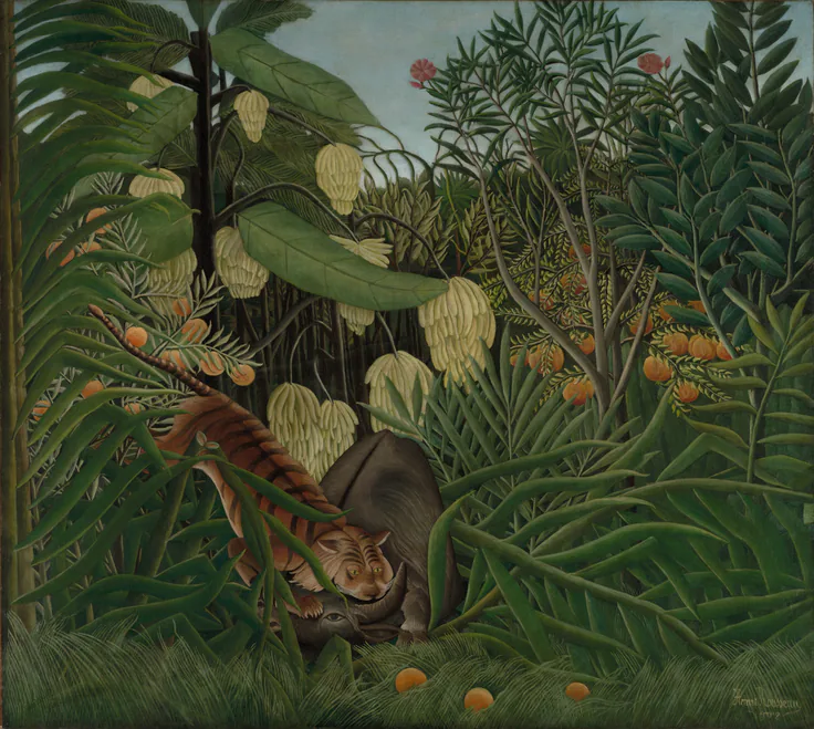 Fight Between a Tiger and a Buffalo: oil on fabric by Henri Rousseau, 1908.