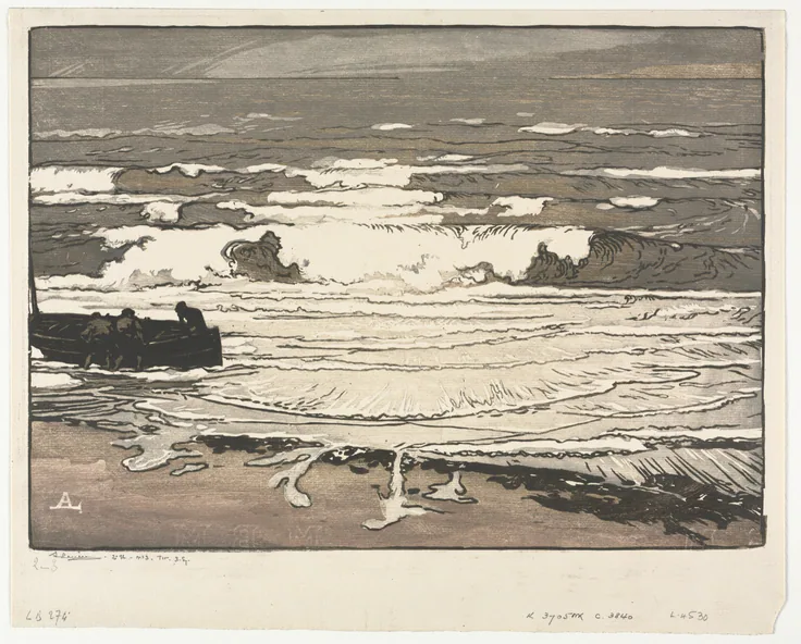 Woodcut of foaming surf rolling onto a beach, a dark boat at left; layered grey bands of sea and sky. Small pencil notes in the margin.