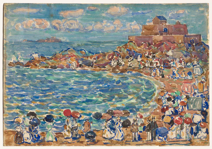 Beach, St. Malo: watercolor with gouache over graphite by Maurice Prendergast, c. 1907.