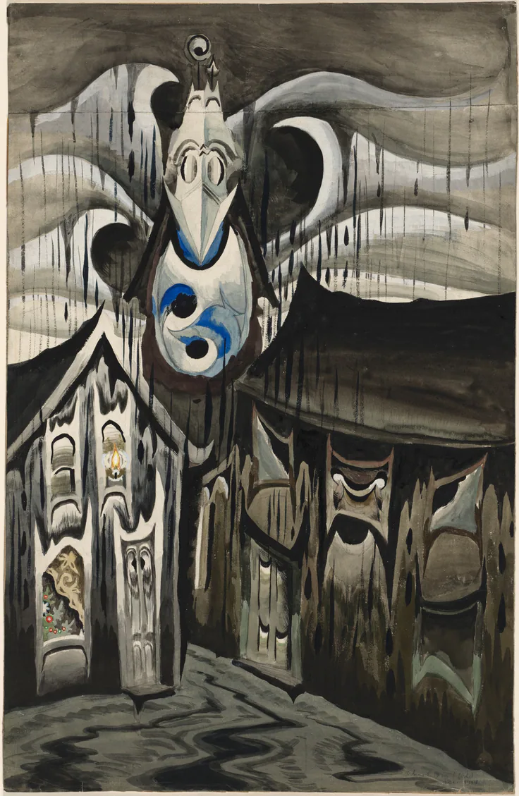 Church Bells Ringing, Rainy Winter Night: watercolor and gouache over graphite on wove paper by Charles Burchfield, December 1917.