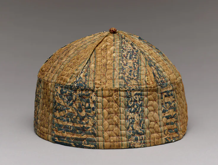 Cap: lampas, quilted: silk, 1300s.