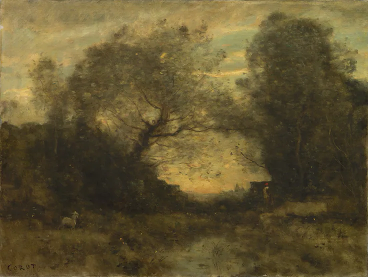 Feathery dark trees frame a glowing yellow evening sky over a small pond; silvery, soft-edged brushwork.