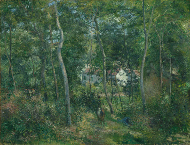 Edge of the Woods Near L'Hermitage, Pontoise: oil on fabric by Camille Pissarro, 1879.