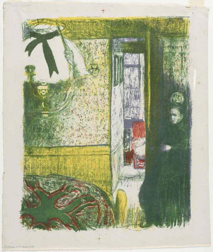 A room seen through a doorway: hanging lamp, patterned rug and yellow-green walls, a figure in dark clothes by the door.