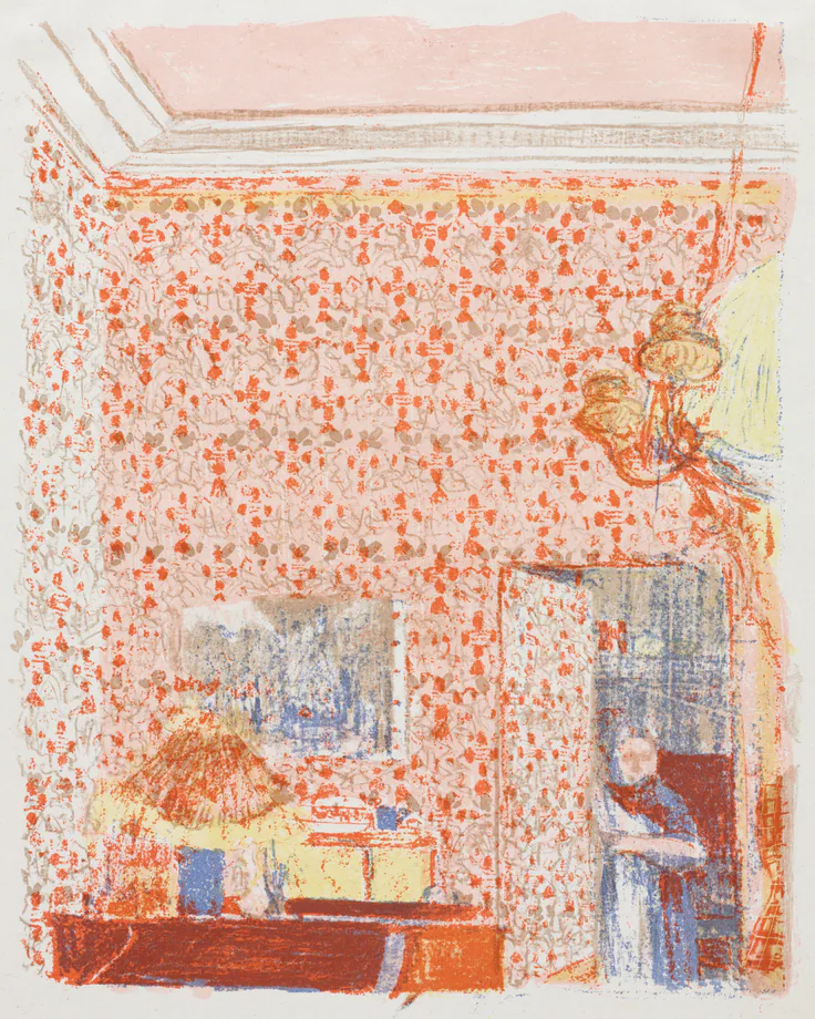 Interior with Pink Wallpaper I: color lithograph by Édouard Vuillard, 1899.