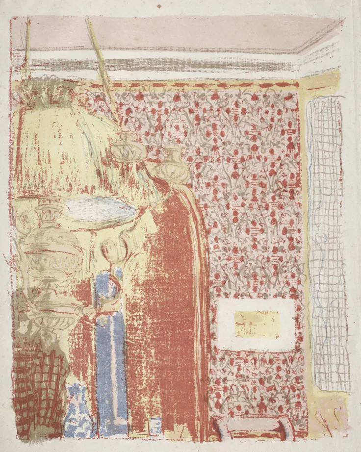 A narrow room of pink patterned wallpaper with a hanging lamp and a framed picture, in soft red, blue and cream lithograph tones.