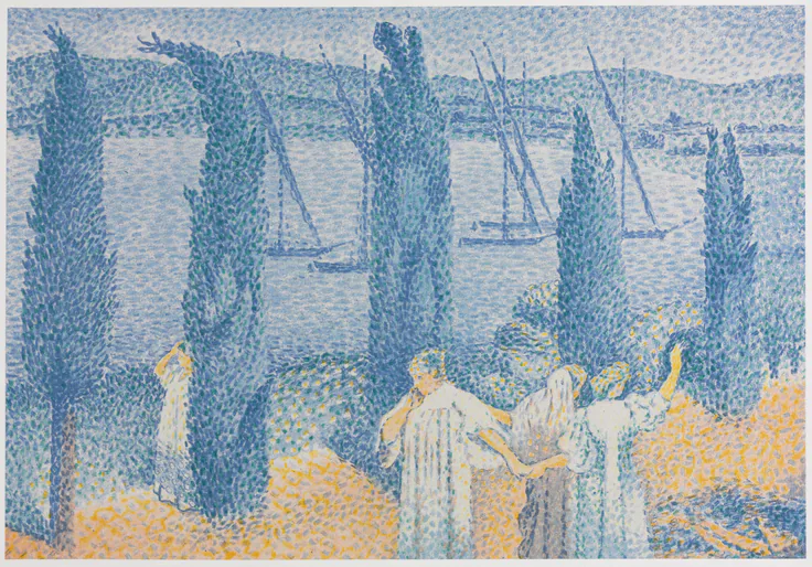 The Promenade (Landscape with Cypresses): color lithograph on chine collé by Henri-Edmond Cross, 1897.