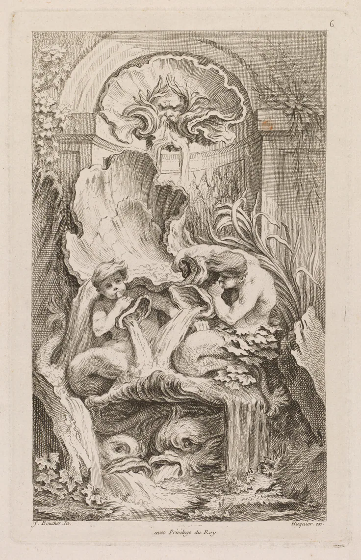 No. 6: Fountain with Two Tritons Blowing Conch Shells: etching and engraving by Gabriel Huquier, c. 1736.