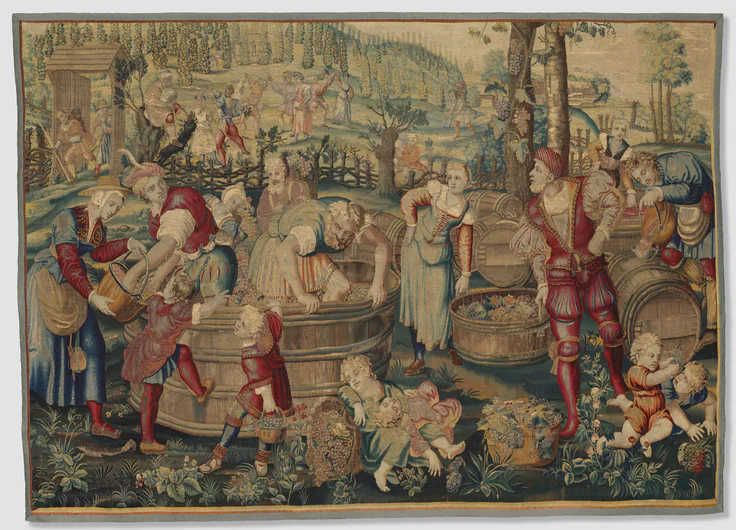 Autumn: Vintage Scene: wool, silk, and gold filé: tapestry weave by Gobelins Manufactory, designed c. 1535, woven mid- to late 1600s.