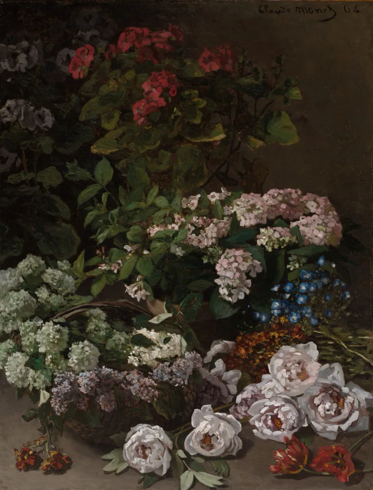 A lush heap of peonies, hydrangeas, lilacs and roses spills from a basket against a dark background.