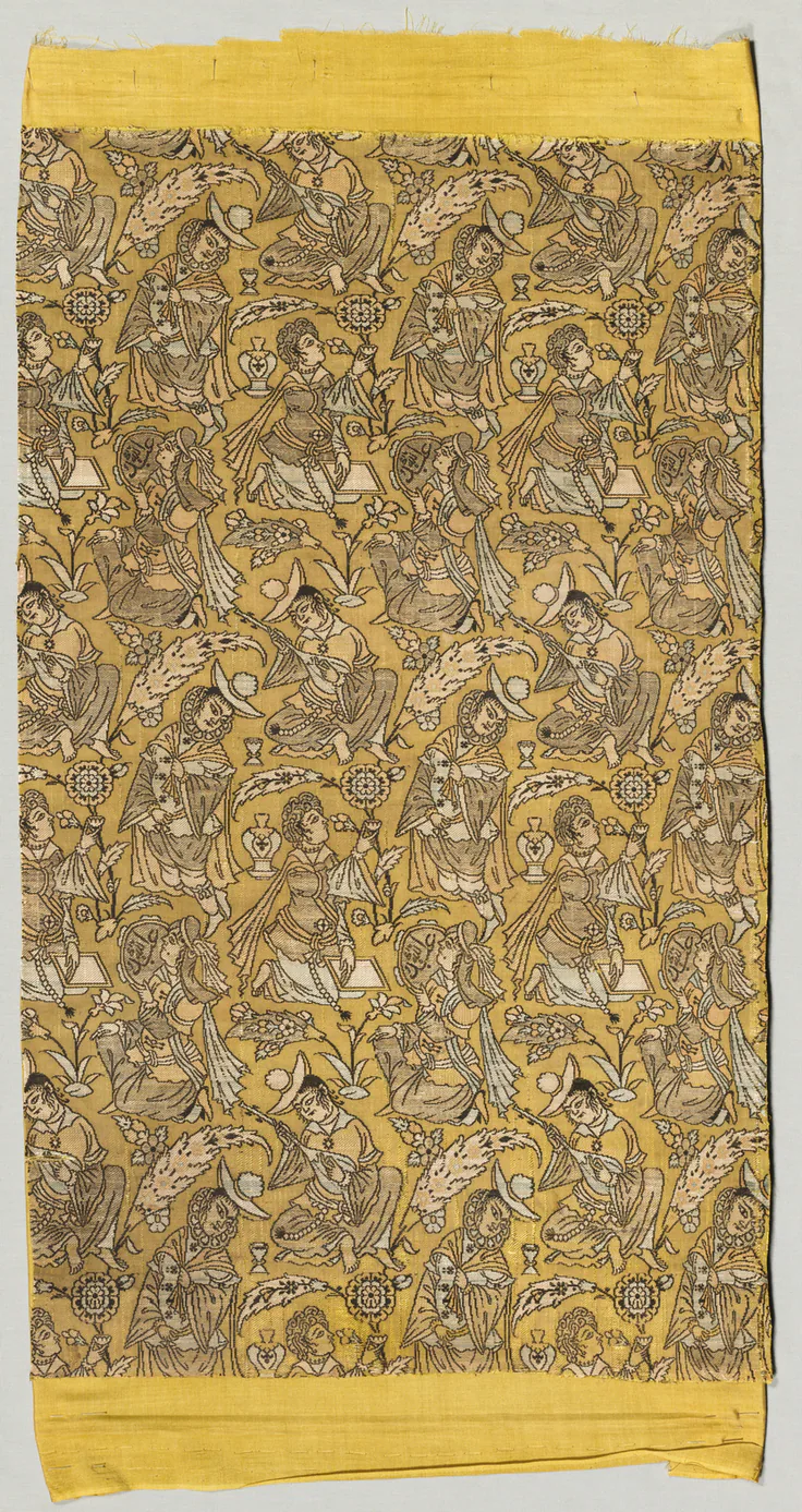 Lampas with dancers and musicians: silk and silver-metal thread: lampas, brocaded, 1600–1650.