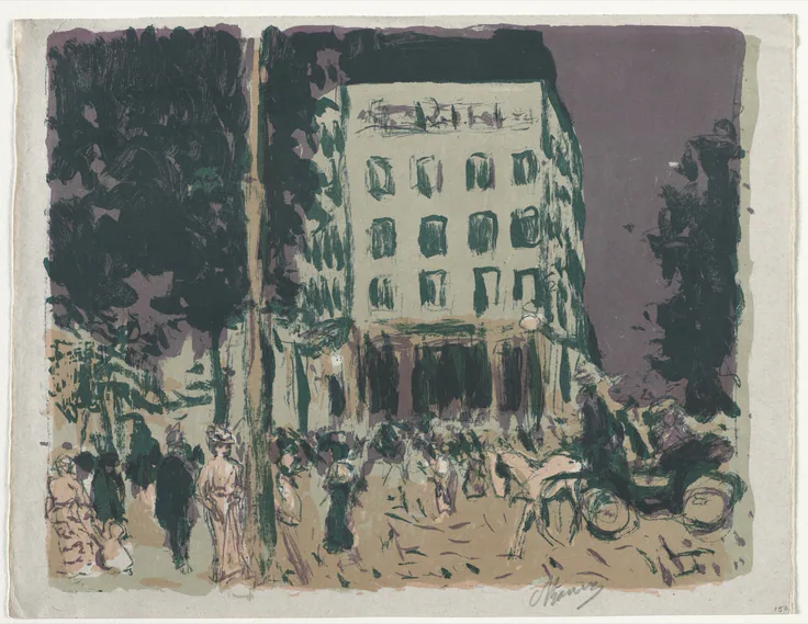 Crowds and carriages under trees in front of a tall building, in flat olive, lilac and cream lithograph color.