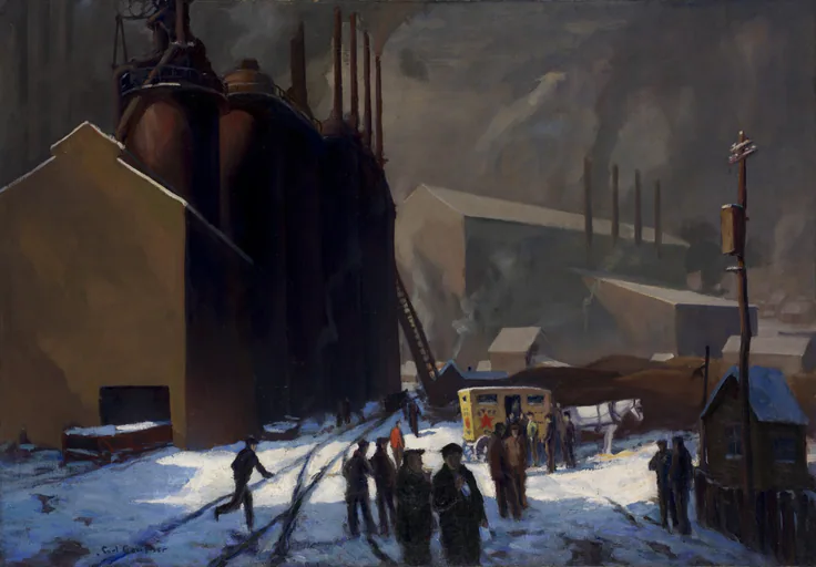 Workers cross snowy rail tracks toward a lunch wagon under towering steel-mill furnaces and smoke in Cleveland; cold light, rust and slate.