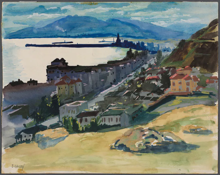 Malaga Harbor: watercolor by Lawrence Blazey, c. 1926.