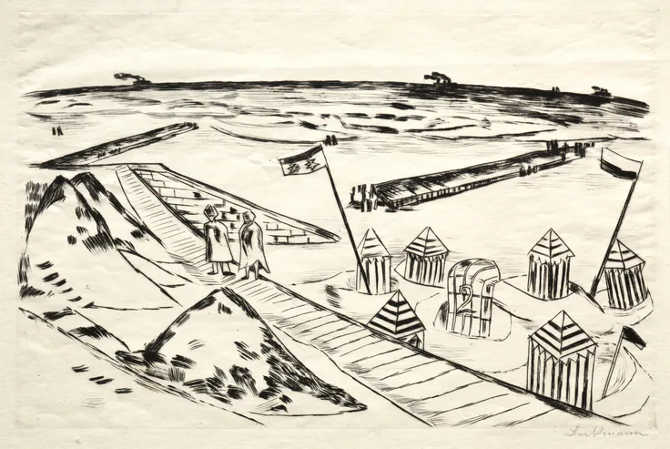 Beach: drypoint by Max Beckmann, 1922.