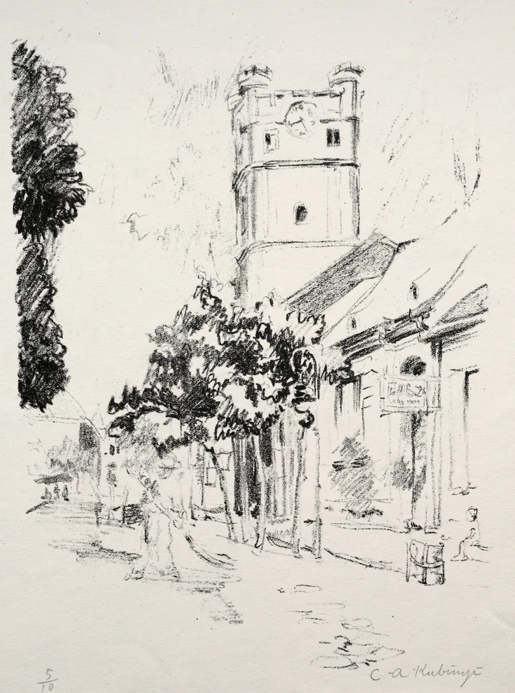 A Csonka Templon, Debriczen, Hungary: lithograph by Kálmán Kubinyi, c. 1927.