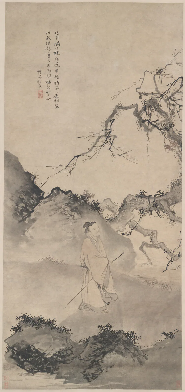 The Poet Lin Bu Wandering in the Moonlight: hanging scroll; ink and color on paper by Du Jin, late 1400s.