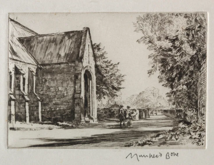 The Bishop's Barn, Wells: drypoint by Muirhead Bone, 1919.
