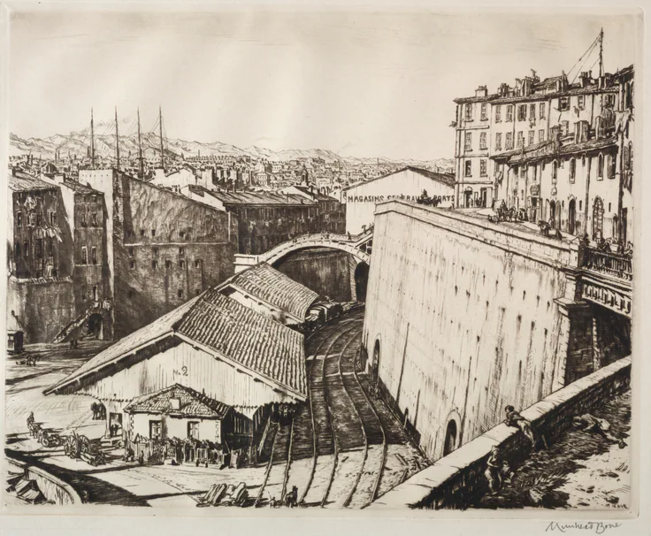 Train Shed, Marseilles: drypoint by Muirhead Bone, 1891–1953.