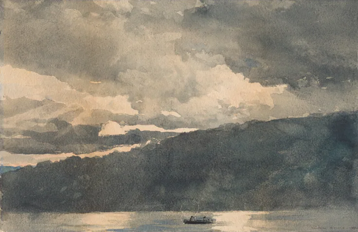 Loose watercolor of a dark forested shore under rolling grey clouds; light breaks across the lake toward a lone canoe.