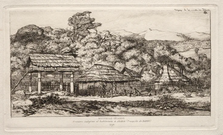 Native Barns and Huts at Akaroa, Banks' Peninsula, 1845: etching by Charles Meryon, 1865.